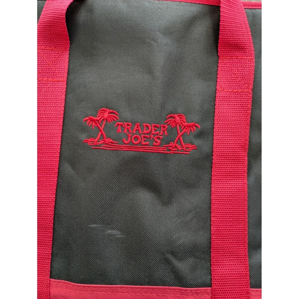 Trader Joes Insulated Cooler Tote Bag  Black Red Zip Top handles